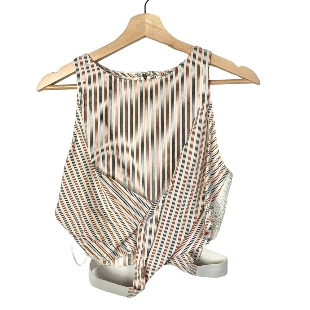 Line + Dot Red & Blue Barber Stripe‎ High Neck Crop Tank Top S